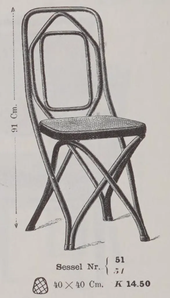 Illustration of Thonet Bentwood Chair Model No. 51 from the 1904 Gebrüder Thonet catalogue, showing a caned seat and geometric backrest with interlaced bentwood supports.