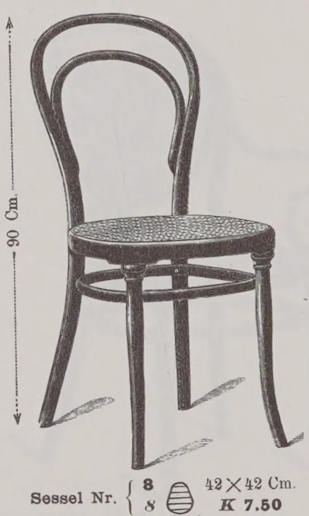 Vintage illustration of Thonet bentwood chair Model No. 8 from the 1904 Gebrüder Thonet catalogue, featuring a simple curved backrest, cane seat, and round legs.