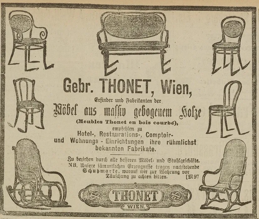 Vintage 1895 German newspaper ad for Gebrüder Thonet, showing various bentwood chairs, a bench, and rocking chairs, with text highlighting their use in hotels and households.