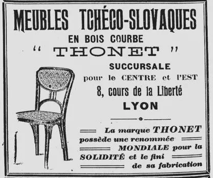 Black-and-white 1925 French newspaper ad for Thonet bentwood furniture, showing a chair illustration and promoting the Lyon branch at 8, cours de la Liberté.