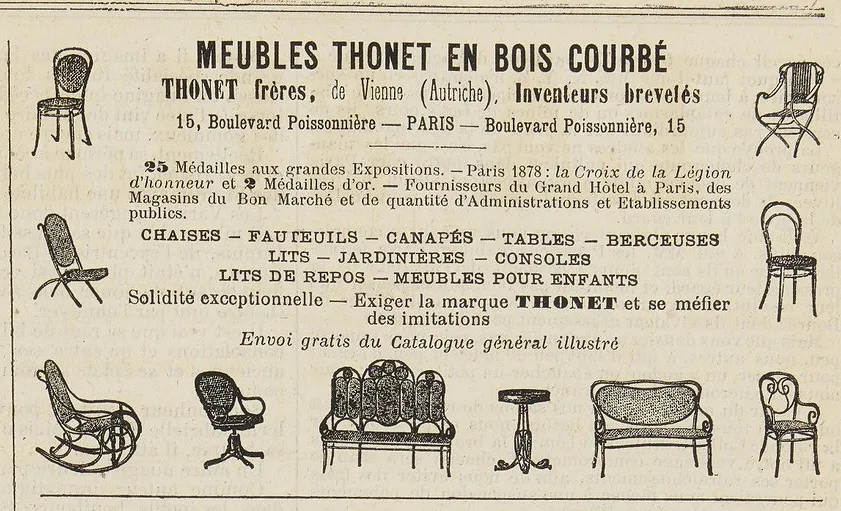 1888 French Thonet furniture advertisement showing bentwood chairs, rocking chairs, sofas, and tables, highlighting medals from exhibitions and warning against imitations.