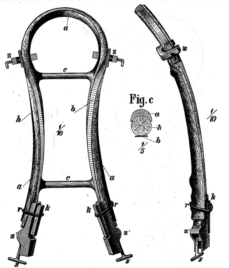 Technische Abbildung einer Thonet-Gusseisenform zum Biegen einer Stuhlrückenlehne, mit Schraubzwingen, Querstreben und eingespanntem Holzstab.