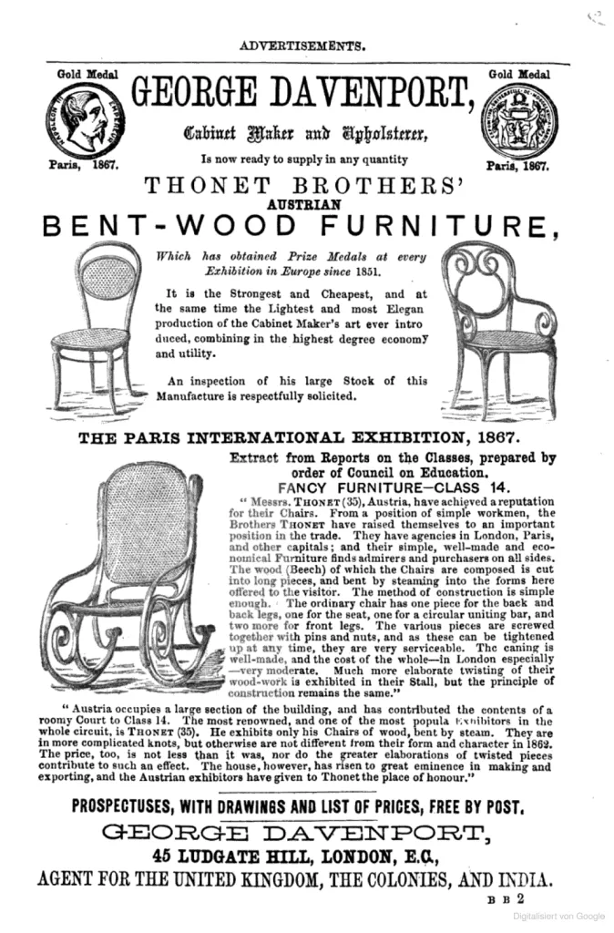 Victorian-era advertisement for Thonet Brothers’ Austrian bentwood furniture, featuring chairs and details about awards and exhibitions in Paris and beyond, published in 1869.