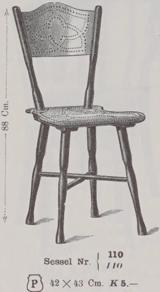 Illustration of Thonet Chair Model No. 110 from the 1904 Gebrüder Thonet catalogue, with pierced wooden backrest and seat, turned legs, and simple rustic design.