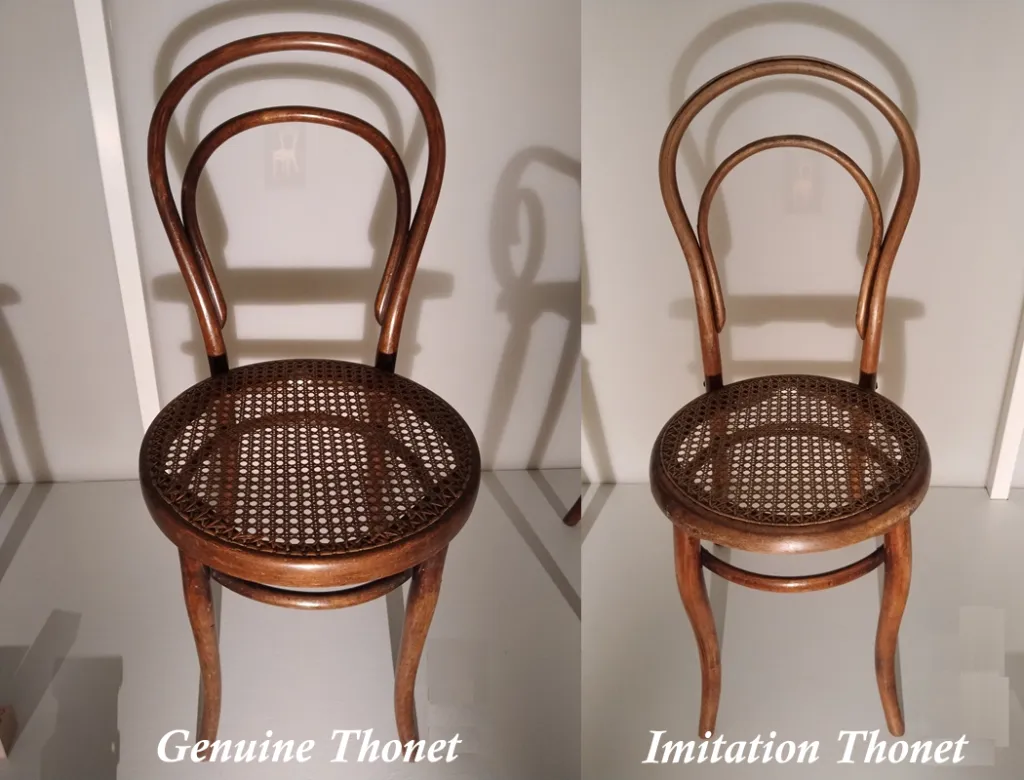 Side-by-side comparison of two bentwood chairs: a genuine Thonet No. 14 with elegant curves and a competitor’s imitation No. 14 with a less refined backrest.