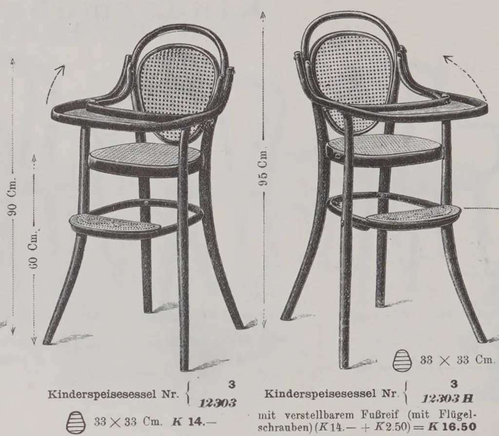 Katalogabbildung des Thonet Kinderspeisesessels Modell Nr. 3 mit Rohrgeflecht-Sitz und Rückenlehne, Bugholzrahmen und Klappmechanismus.