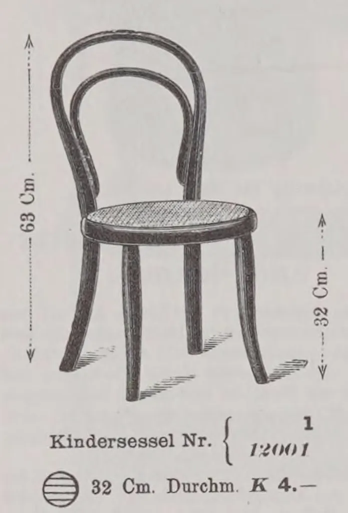 Katalogabbildung des Thonet Kindersessels Nr. 12001, ein kleiner Bugholzstuhl mit rundem Sitz und geschwungener Rückenlehne, für Kinder entworfen.