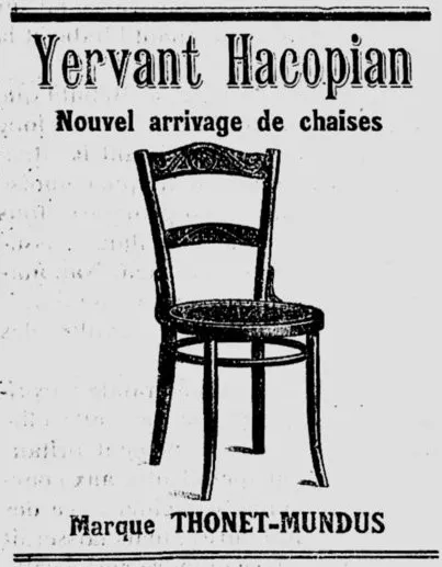1929 French-language newspaper ad for Thonet-Mundus chairs, featuring a bentwood chair illustration and text Nouvel arrivage de chaises by Yervant Hacopian.