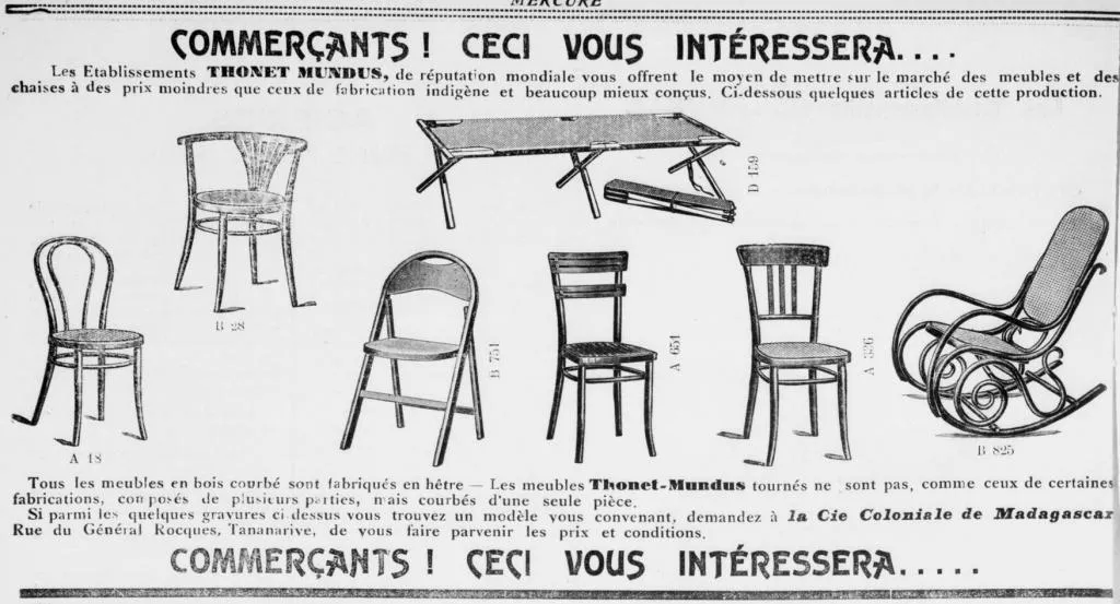 French newspaper ad from 1933 promoting Thonet-Mundus bentwood furniture, including different chair models, a folding bed, and a rocking chair, marketed in Madagascar.