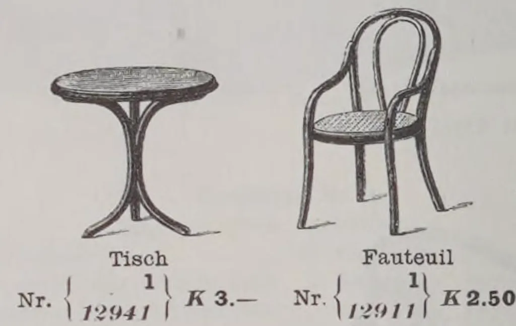 Thonet Puppentisch Modell Nr. 1 und Puppenstuhl (Fauteuil) Modell Nr. 1, Bugholz-Designs mit Rohrgeflechtsitz, abgebildet in einer Katalogzeichnung.