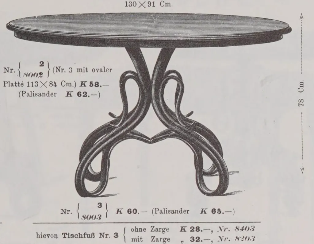 Catalogue illustration of Thonet Salon Table Model No. 3 with an oval top and an ornate bentwood base, listed at 60 Kr. (EUR 534.02 today).