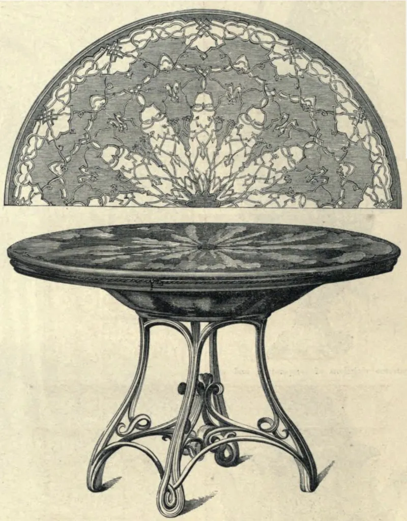 Thonet Salon Table with decorative inlaid top and curved bentwood legs, awarded a prize medal at the 1855 Paris International Exposition.