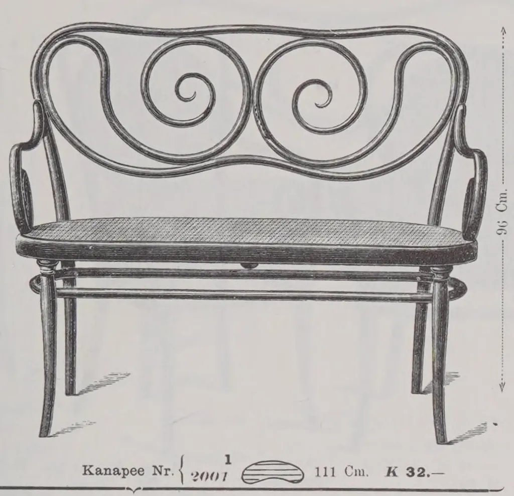 Catalogue illustration of Thonet bentwood settee Model No. 1 with curved scroll backrest and cane seat, 111 cm wide. Price 32 Kr., equivalent to EUR 284.81 today (according to the Historical Currency Converter of the Austrian National Bank – OeNB).