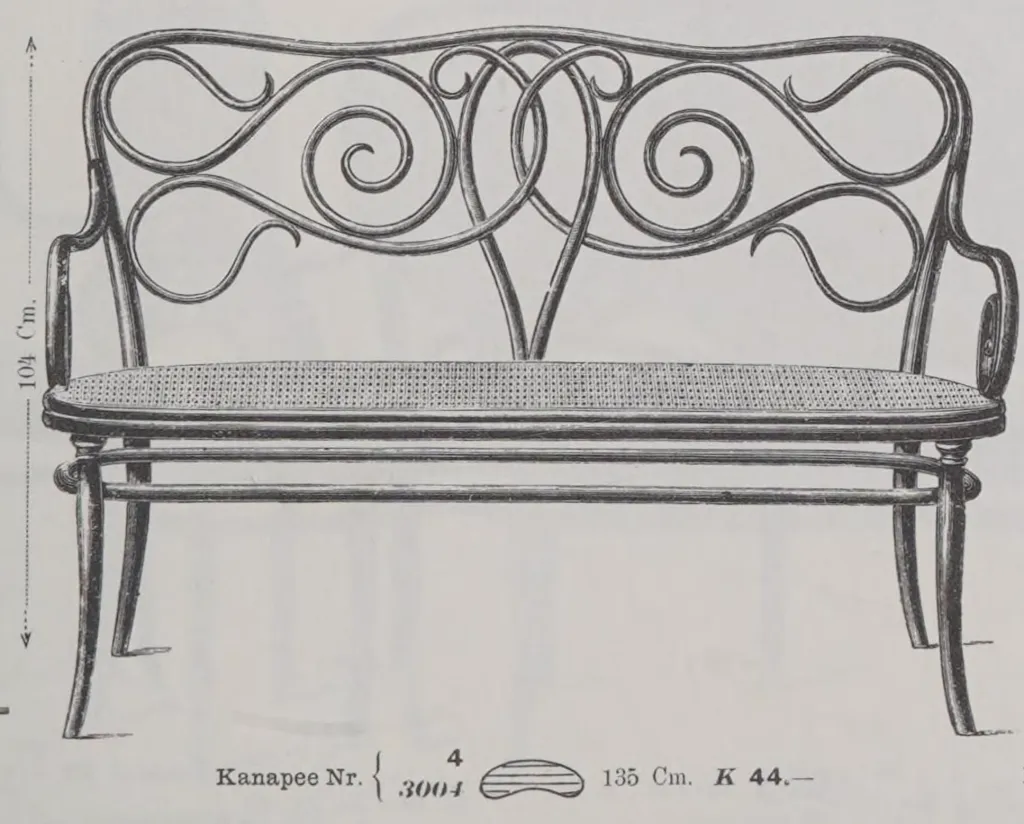 Illustration of Thonet bentwood settee Model No. 4 with ornate scroll backrest and caned seat, width 135 cm, listed in the 1904 catalogue for 44 Kr (today EUR 391.61).