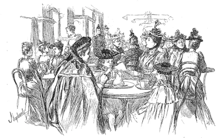 Black-and-white illustration of women in elegant dresses and hats sitting in a busy Viennese café, with Thonet bentwood Chair No. 14 clearly visible around the tables.