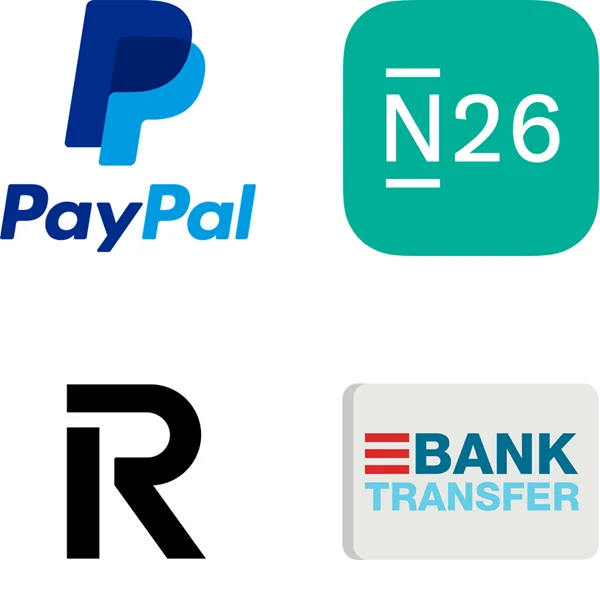 Von Stable MARK akzeptierte Zahlungsmethoden: Logos von PayPal, N26, Revolut und Banküberweisung.